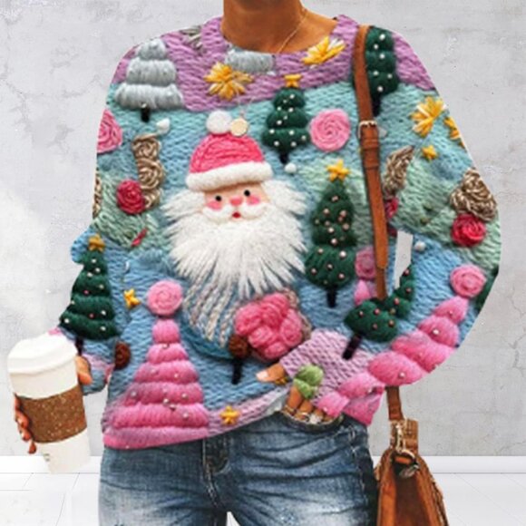 Yinbwol Women Blue Long Sleeve Oversize Round Neck Pullover Christmas Sweatshirt - Picture 7 of 7